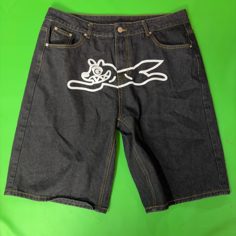 NVFelix Denim Shorts Mens XL Black Running Dog Astronaut Graphic Streetwear Jort